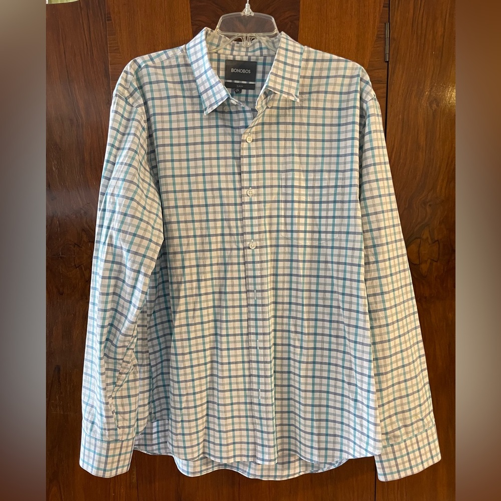 Men’s Bonobos XXL slim fit dress shirt. White with blue & teal & tan strips.